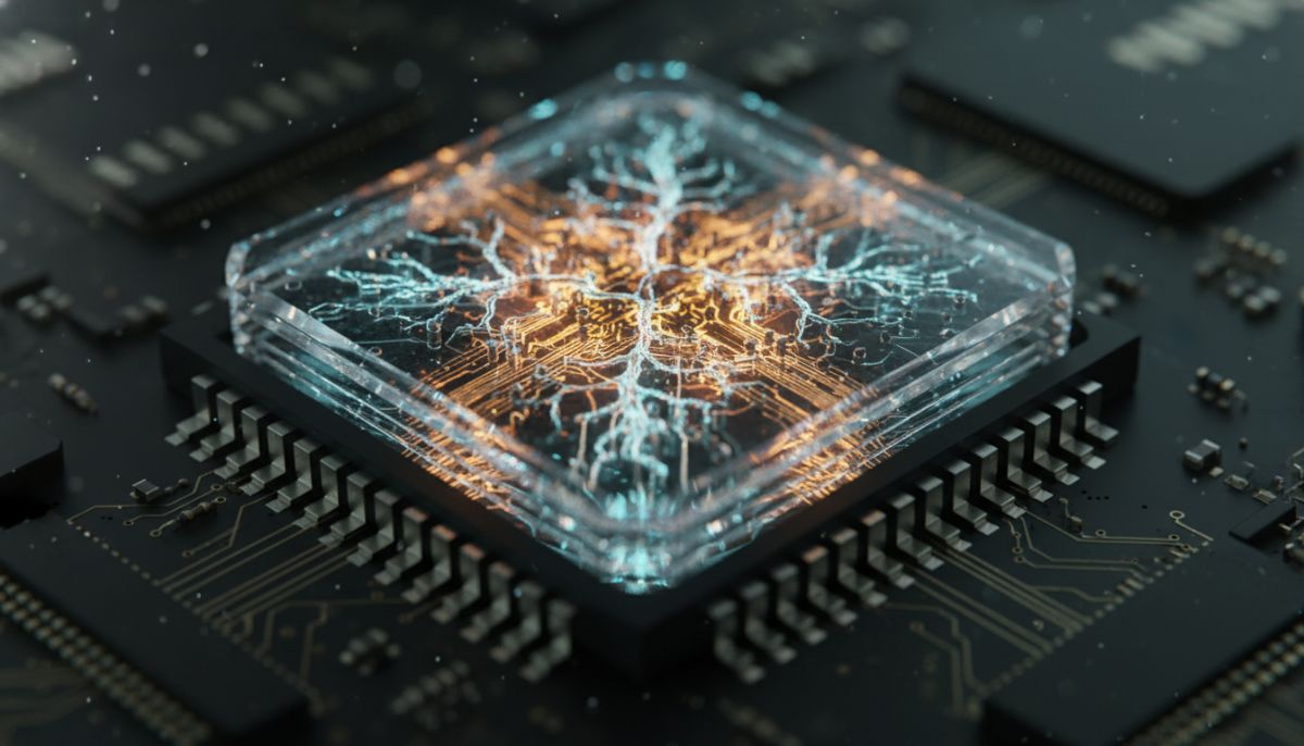 A close-up of a high-tech microprocessor glowing with amber and cyan light, with intricate crystalline structures and neural-like pathways visible, representing a 2026 neuromorphic computing chip designed for AGI, hyper-realistic, macro photography.